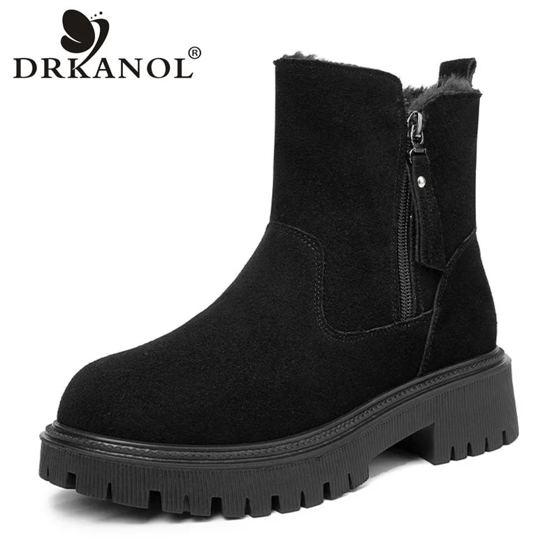 

DRKANOL Classics Winter Snow Boots Women Cow Suede Thick Heel Chunky Platform Natural Wool Shearling Fur Warm Ankle Boots H36455