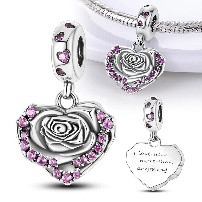 925 Silver Rose Pink Flower Shiny Zircon Charm Beads For Original Charms Original Bracelet for Women DIY fine Jewelry Gift