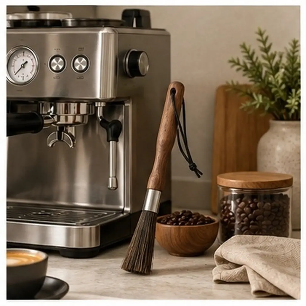 Cleaning Brush for Coffee Machines Chestnut Wood Handle Long Design Prevents Burns Removes Grounds Gently Compatible with Semi