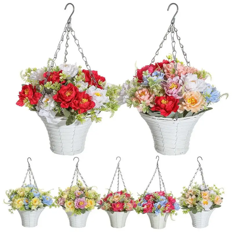 

Artificial Hang Baskets With Flowers Fake Flowers Chain Hanging Basket Flowerpot for Porch Patio Country Garden Decorations