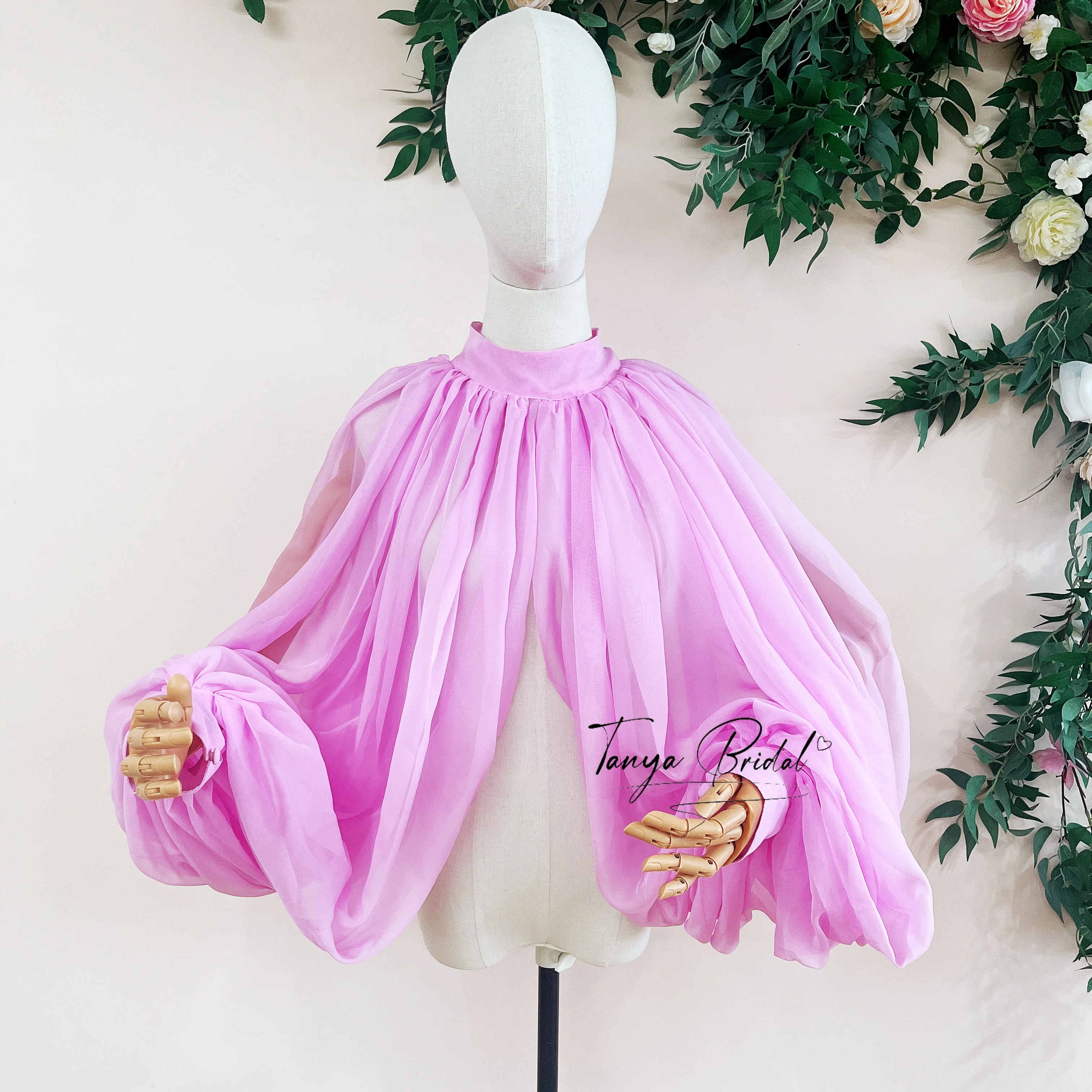 Dreamy Boho Pink Chiffon Bolero – Flowy Sheer Puff Sleeve Wrap for Bohemian Brides