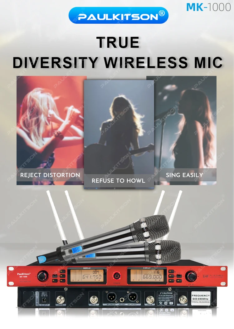 Paulkitson MK-1000 True Diversity Drahtloses Mikrofonsystem 640-690MHz Dual-Handmikrofon UHF Stabiles Signal für Karaoke Live – Detail 1