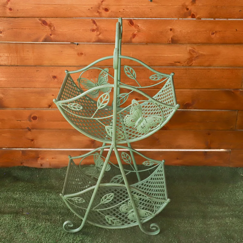 Wrought Iron Two Level Antique Fruit Stand Baskets Flower Planter Rack with Butterfly Design 70cm Height