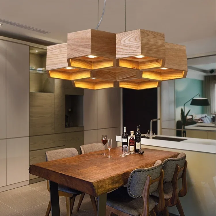 Wood Honeycomb LED Modern Pendant Lamp Indoor Dining Room Foyer Home Adornment Ceiling Light 110-240V Chandelier Lighting Lamps