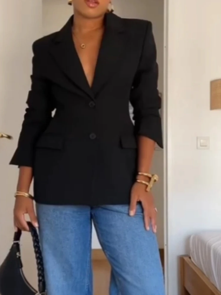 Elegantไหล่Slimแจ็คเก็ตสูทผู้หญิงLapelเสื้อแขนยาวหญิง 2025 ฤดูใบไม้ผลิChicทุกวันสไตล์Outwears Tops