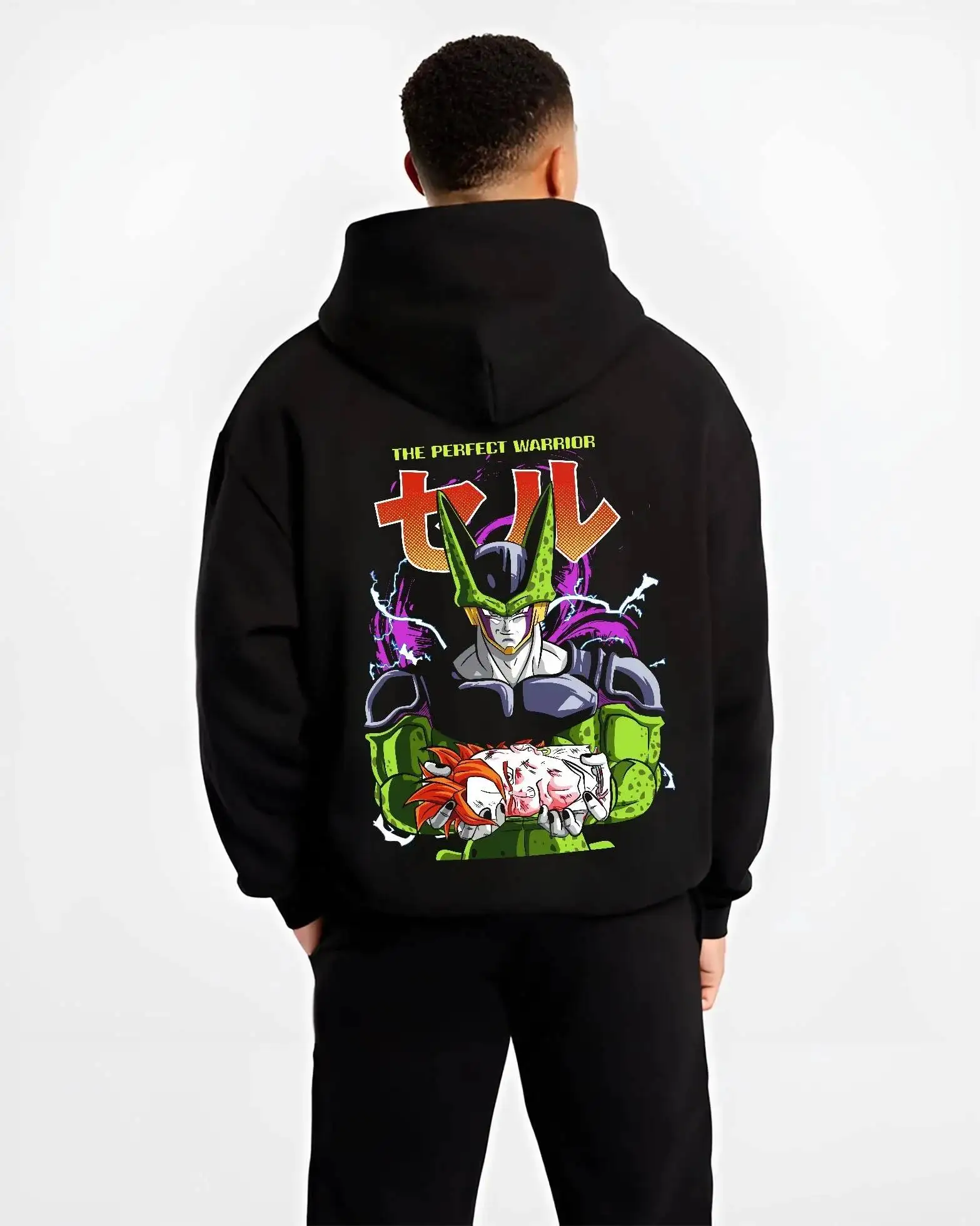 Dragon Ball Anime Cell Zwarte Hoodie Perfect Warrior Print Groene Schurk Karakter Katoenen Sweatshirt met Battle Scene Design