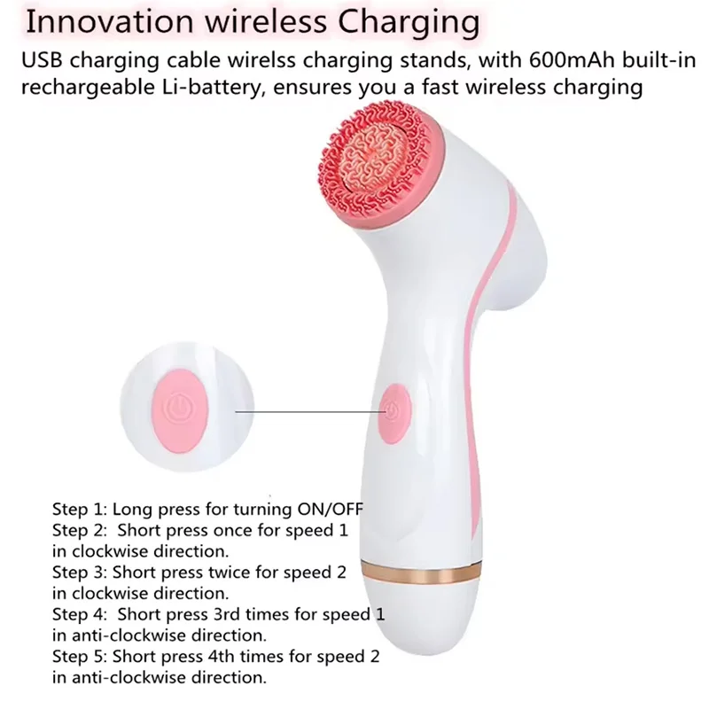 Portable wireless waterproof exfoliating cleansing brush Multi-function electric rotary silicone cleansing brush