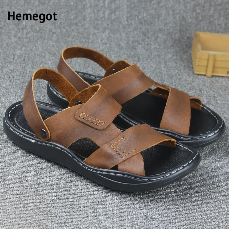 

Men's Sandals Genuine Leather Beach Shoes Handmade Sandals and Slippers Top Layer Cowhide Outerwear Dual-Use Men's Slippers