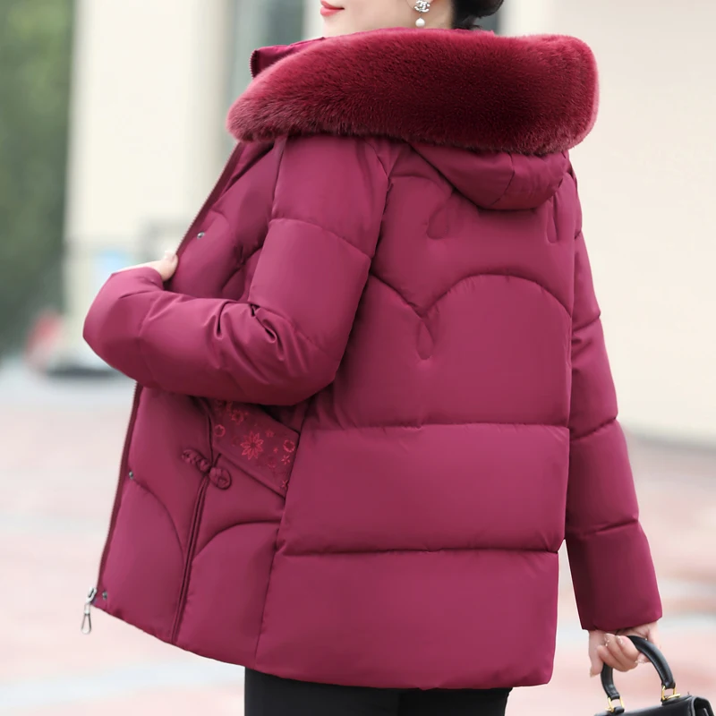 Middle Age Women's Winter Jackets 2024 Elegant Faux Fur Collar Thick Warm Short Outerwears Loose Female Parkas Hooded