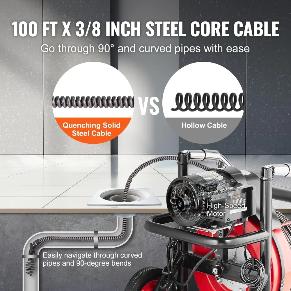 منظف تصريف التغذية التلقائي 100 قدم، 370 وات ثعبان المجاري المحمول مع 8 قواطع ومفتاح قدم لأنابيب 2-4 بوصة #3