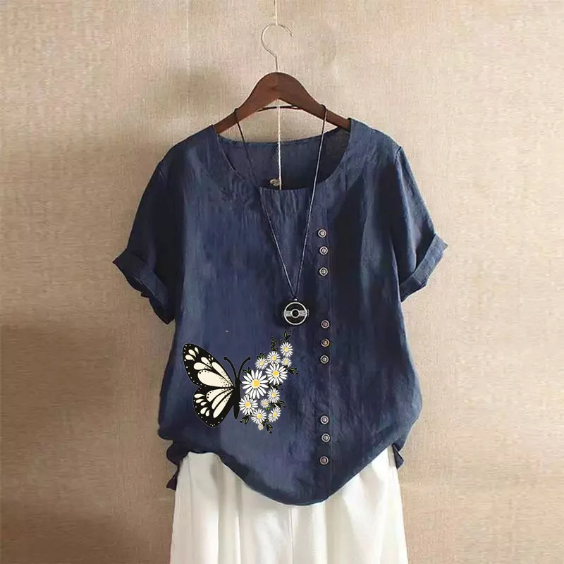 Summer Blouse 2024 Women Casual Loose Fitting Short Sleeved Pullover Cotton Linen Pullover Shirt Tops Butterfly Print Shirts