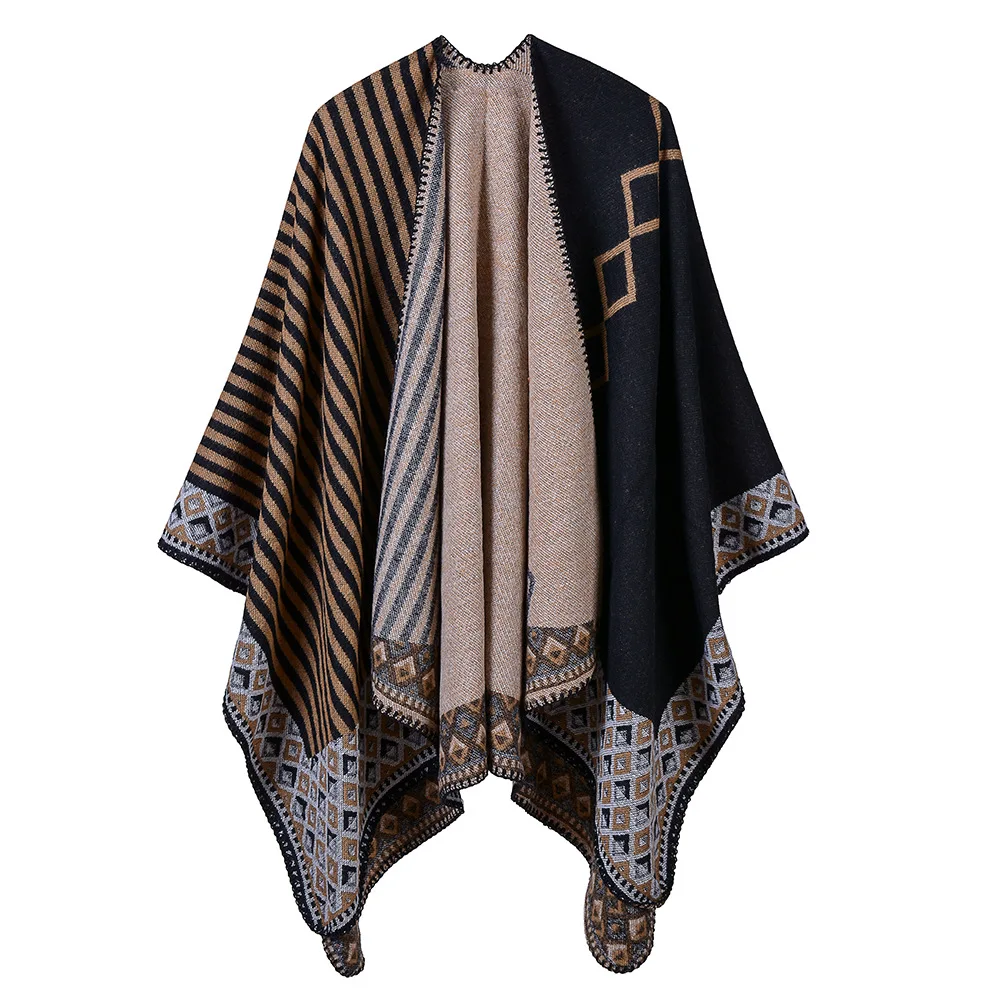 

2022 Women's Autumn Winter Stripe Office Air Conditioning Room Korean Warm Shawl Thickened Warm Shawl Cape Ponchos Lady Coat P2