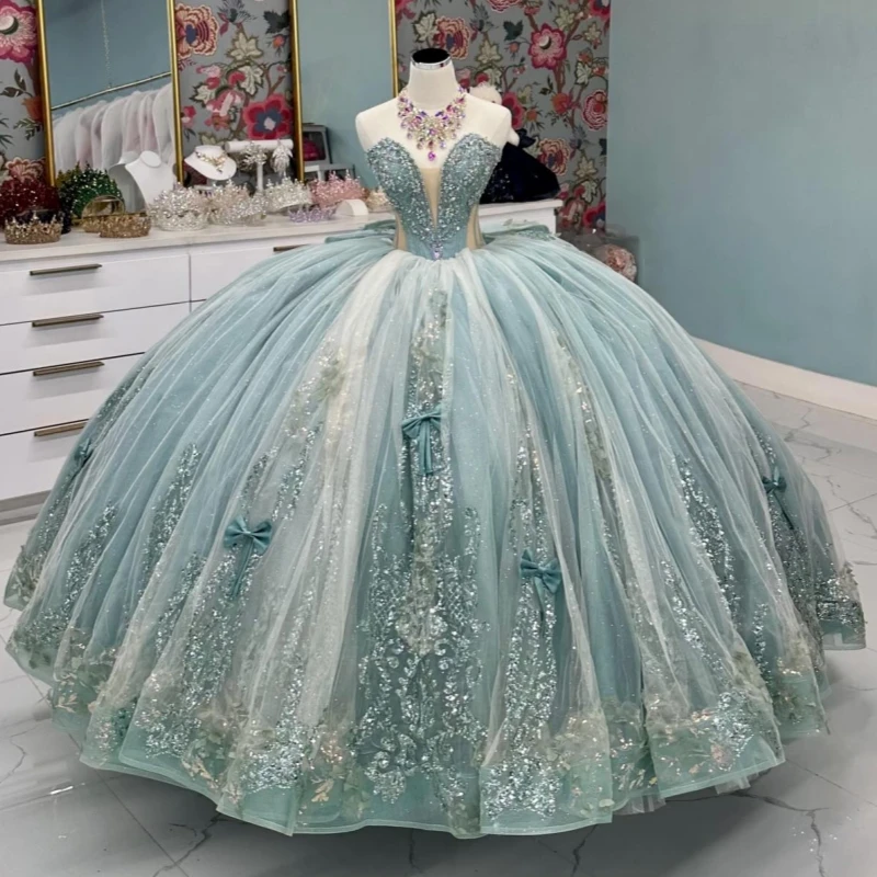 

Светло-зеленые блестящие платья Quinceanera с открытыми плечами, аппликация, кружево, бисер, бант, тюлевое платье для вечеринки, дня рождения, сладкое платье 16, Vestidos De