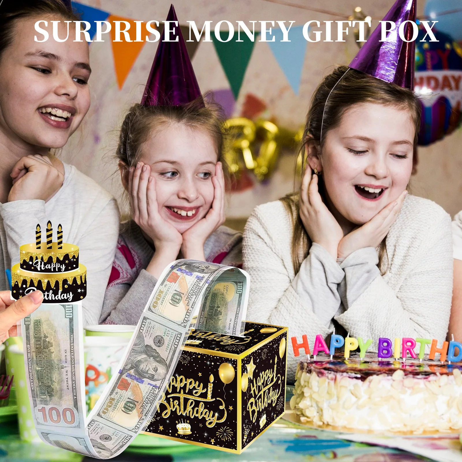 Birthday/Graduation/Mother\'s Day Happy Money Pulling Box Cash Gift Birthday Surprise Gift Box Cake Decor for Mom Friends