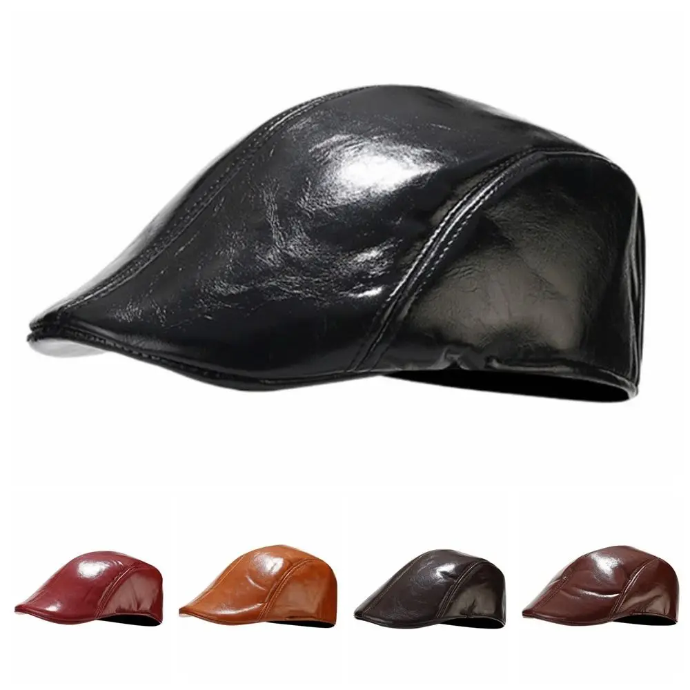 PU Leather Middle-aged Elderly Visor Cap Flat Short Brim Newsboy Cap British Style Keep Warm Winter Beret Cap Cold Weather