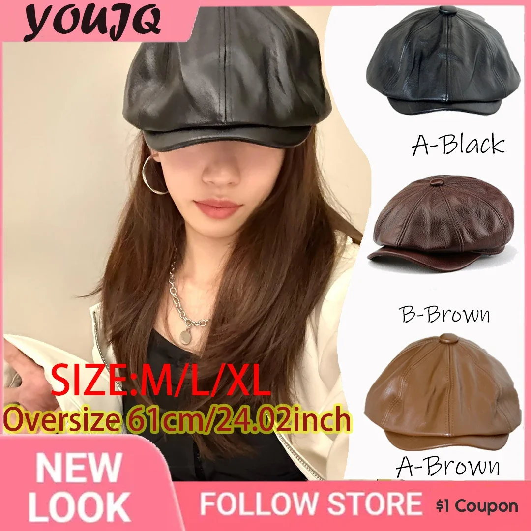 

XL 61CM Brown Newsboy Hats Women Spring/Winter 100% Real Leather Warm Cap Male Beret Painter Boina Cowhide Octagonal Boina Mujer