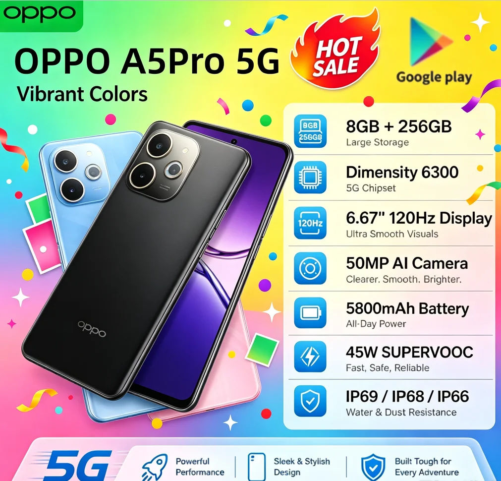 2026 Newest OPPO A5Pro Global Unlocked Dual‑SIM Cell Phone 8GB+256GB Storage 6.5'' HD+ Waterdrop Display Helio P35 Octa‑Core