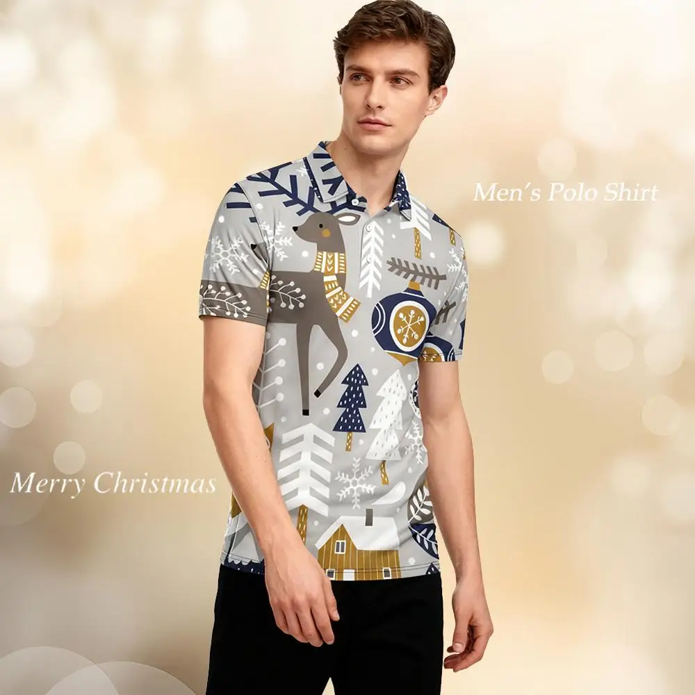 

Cartoon Reindeer 3D Print Polo Shirt Christmas Street Style Casual Men's Short-Sleeve Tops Simple Basic Lapel Button Clothing