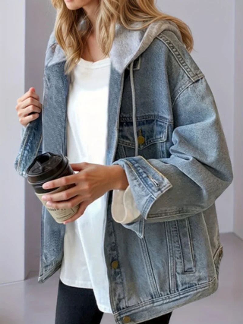 

Women's fashion hooded denim jacket, detachable drawstring hood pocket denim jacket, oversized elastic loose fit