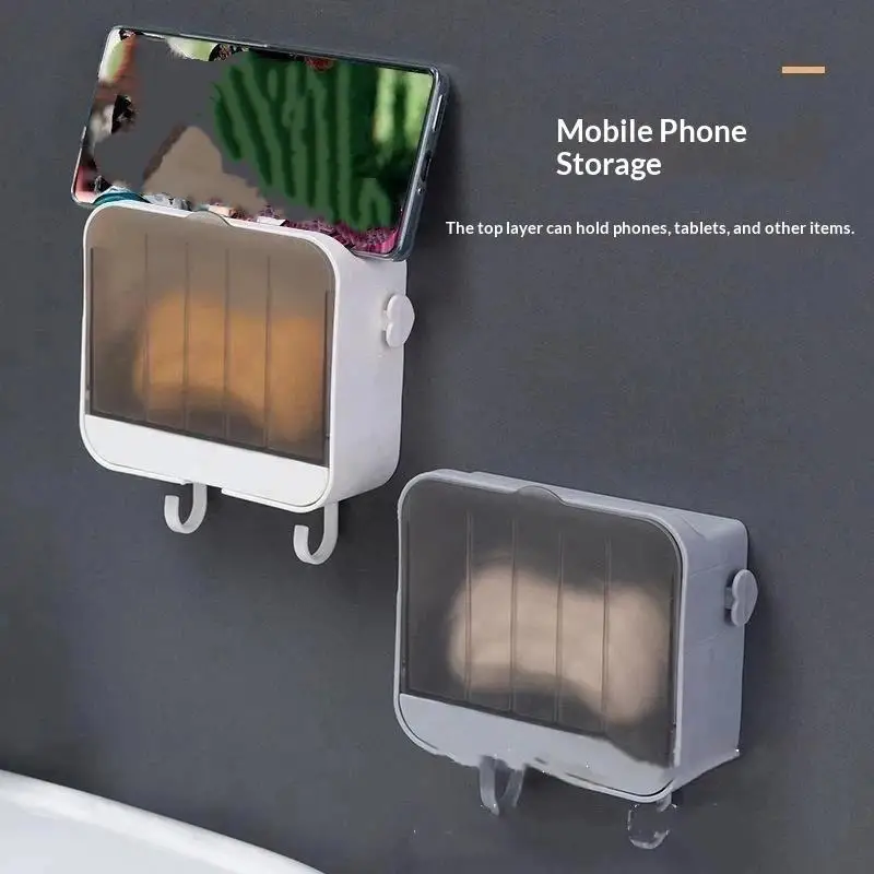Toilet Dust-proof Belt Cover Drain Soap Box, Wall Mounted Seamless With Hook Soap Storage Rack