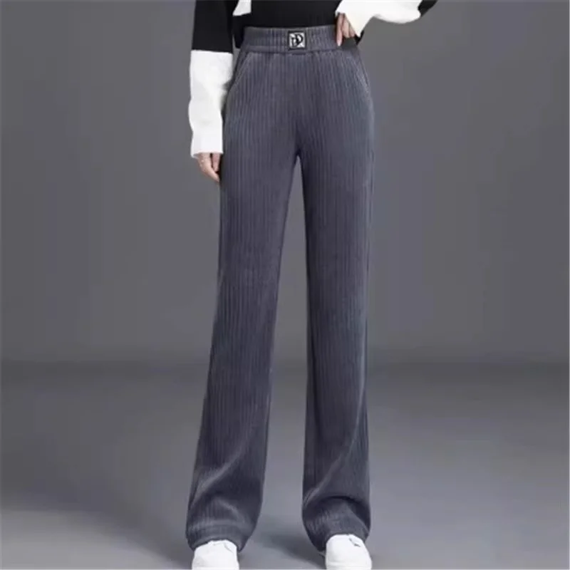 10XL Corduroy Velvet Pants for Female Winter Extra Thick Long Plush Warm Striped Cotton Pants for Outer Wear Snow Wide Leg Pants