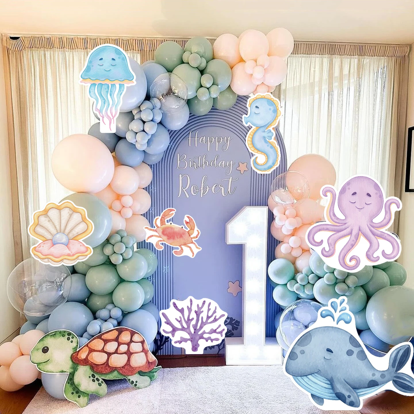 5pcs 12inch Ocean Animals KT Board Whale Octopus Cutout for Birthday Baptism Baby Shower Under the Sea Theme Party Decoration