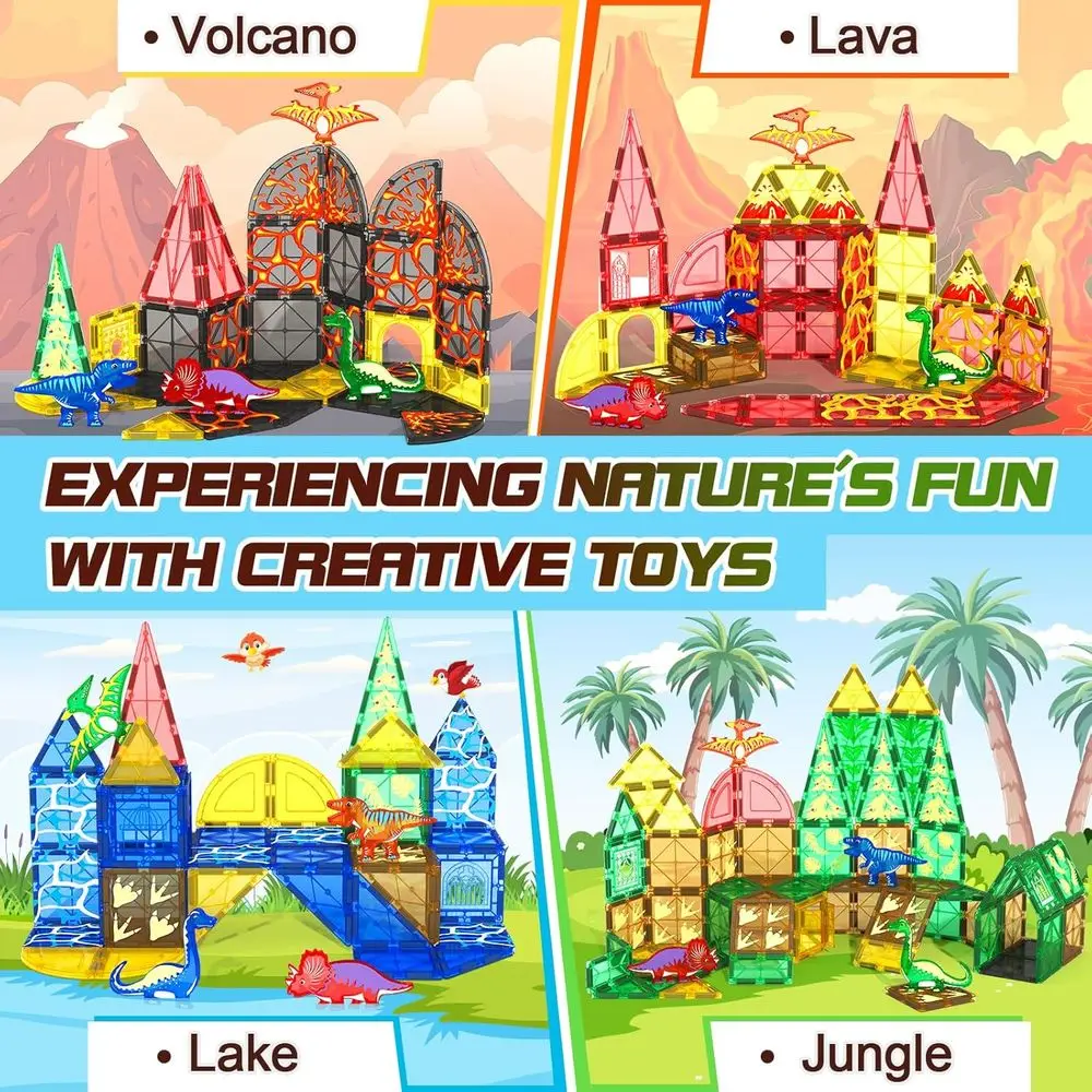 Jurassic Adventure: piastrelle magnetiche di dinosauri da 102 pezzi con 8 figure, set da gioco sensoriale educativo per bambini dai 3 anni in su