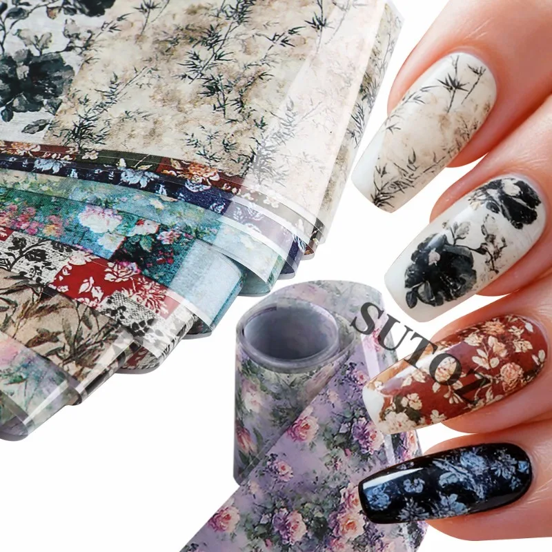 10Pcs Nail Art Stickers Retro Mixed Floral and Starry Sky Decals—Rose Floral and Checkered Patterns for Custom DIY Designs