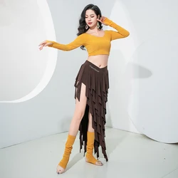 Belly Dance Cotume for Women Long Sleeves Top and Dynamic Fringed Skirt Group Practice Wear Outfit Girl's Bellydance Clothing