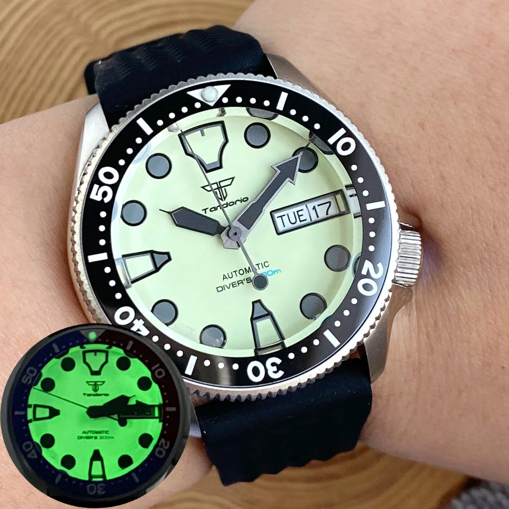 Tandorio 200m Waterproof SKX013 3.8 Dive Watch S NH36 Mechanical Men Watch FullLuminous Dial Weekday Date Rejor Clock