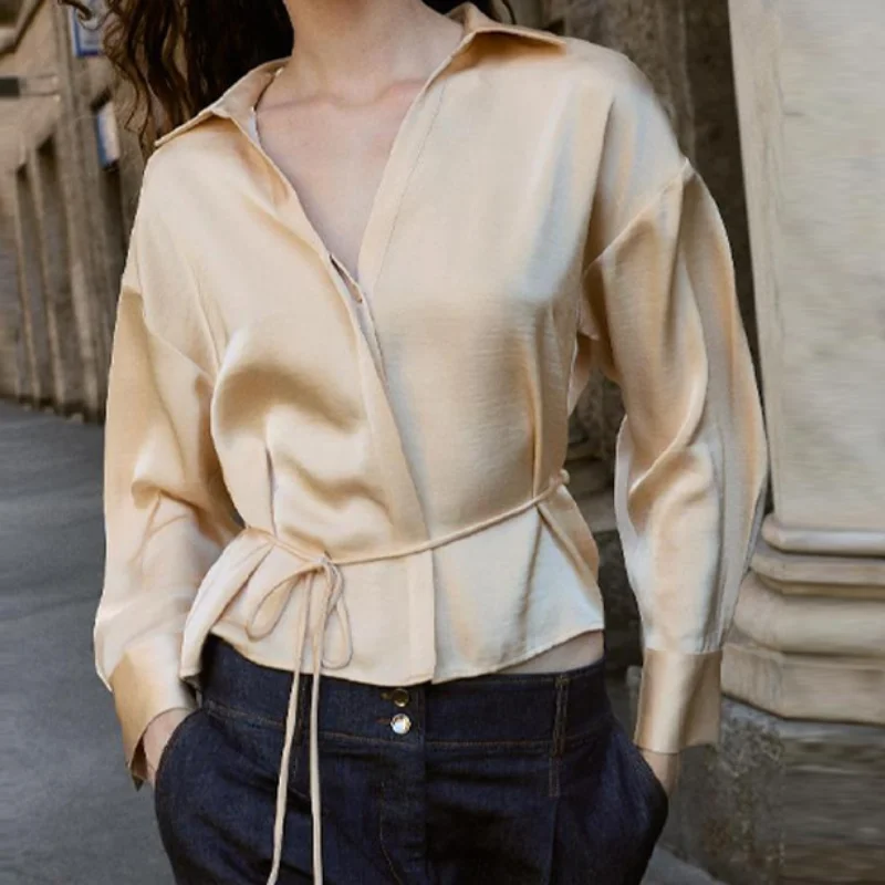 Zaza Slim Waist Satin Shirt Lapel Long Sleeve Lace Up Top Solid Vintage Blouse Commuter Office Tops 2025 New Lady Fashion Tops