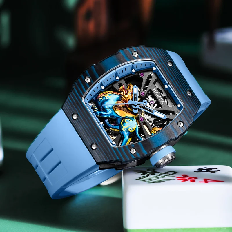 Haofa 3D Auspicious Beast Hollow Automatic Mechanical Watch for Men Carbon Fiber Sapphire Waterproof Luminous Casual Watch 1972