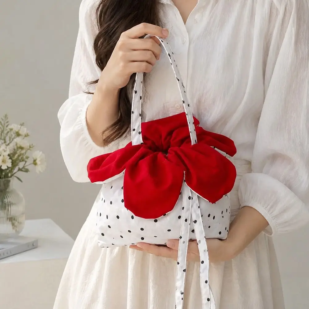 Portable Flower Drawstring Tote Bag Drawstring Flower Design Polka Dot Shoulder Bag Polka Dot Flower Handbag Girls Accessories