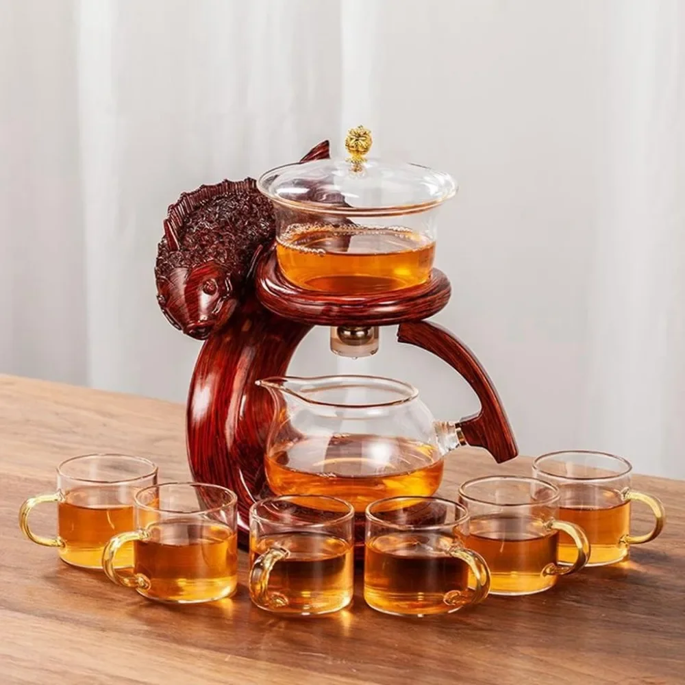 Teapot Suit Automatic Water Brewing with Infuser Kungfu Glass Magnetic Attraction Maker 6pcs Tea Cups, Teaware Sets