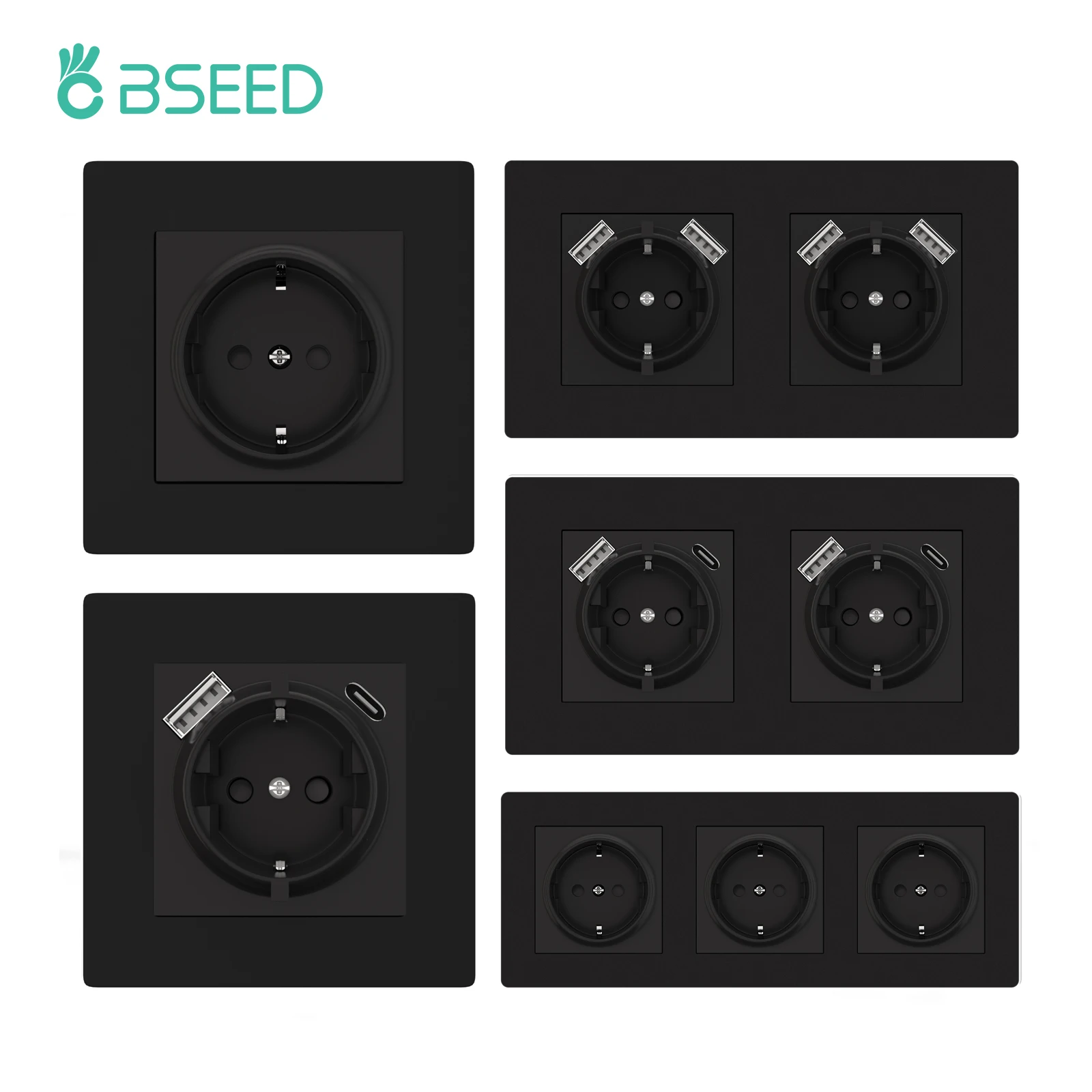 BSEED Single Wall Power Socket Double Type-C USB Phone Charge Port Triple Outlets Black Plastic Panel 16A 110V-240V