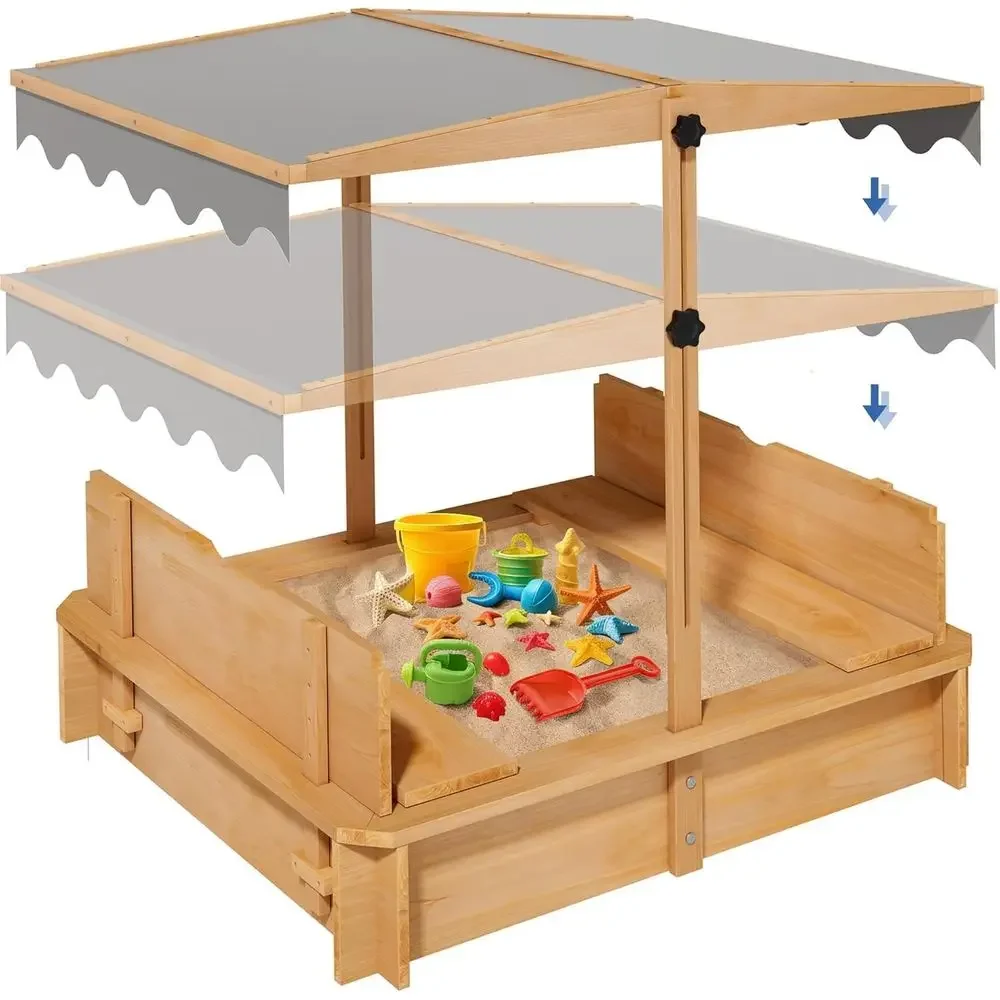 Height-Adjustable UV-Protected Wooden Sandbox with Cover, Play Benches, and Protective Liner