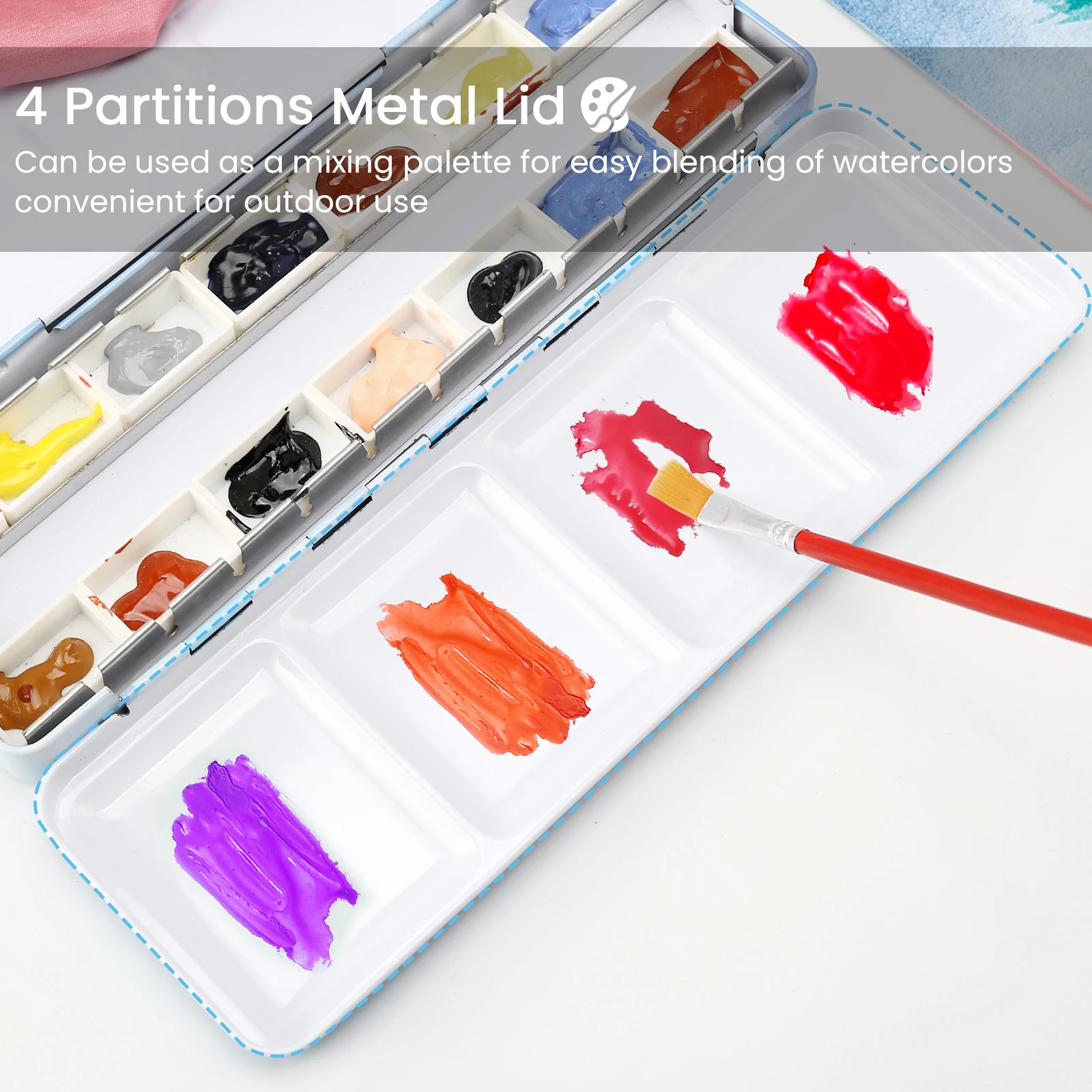 Watercolor Palette Empty w/Paint Tray & 14 Full Pans - Empty Watercolor Palette Tin - Travel Watercolor Palette with Lid