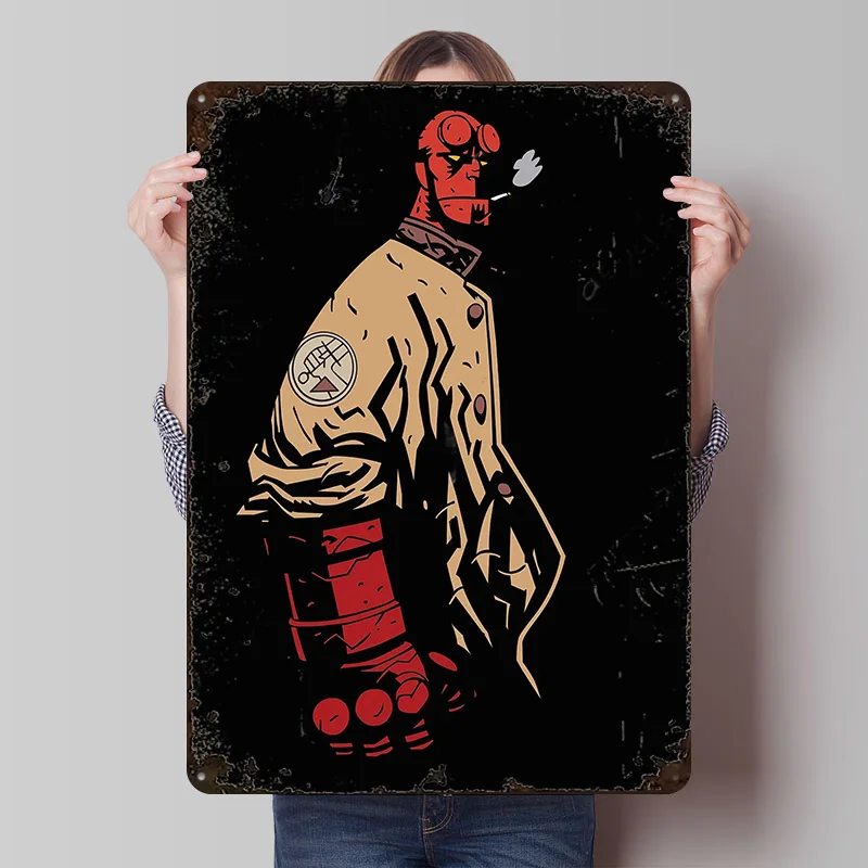Hellboy Smoking in Trench Coat Printed Poster Customized Retro Wall Art Vintage Metal Tin Signs for Wand Deko Decoration At Home
