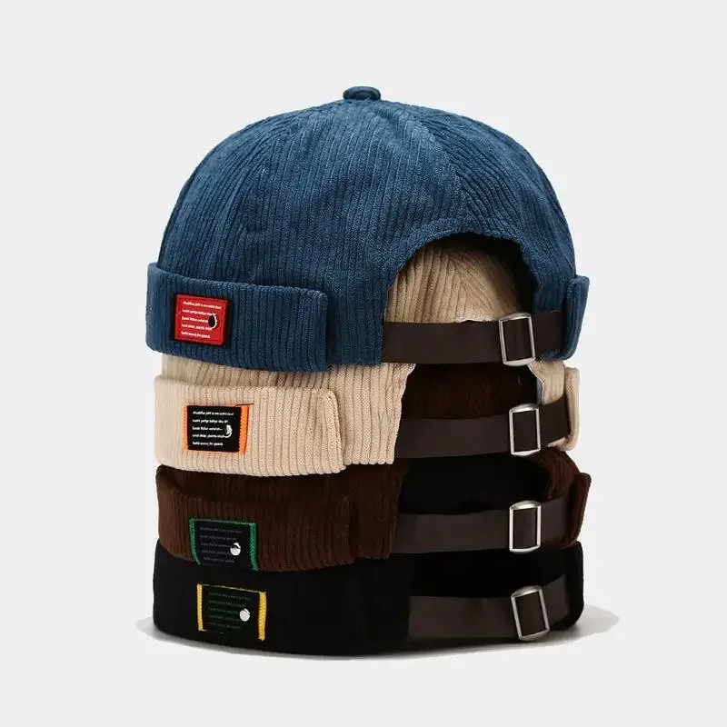 Vintage Docker Cap Brimless Hat Breathable Beanie Hats Corduroy Adjustable Solid Landlord Sailor Cap Men and Women 04