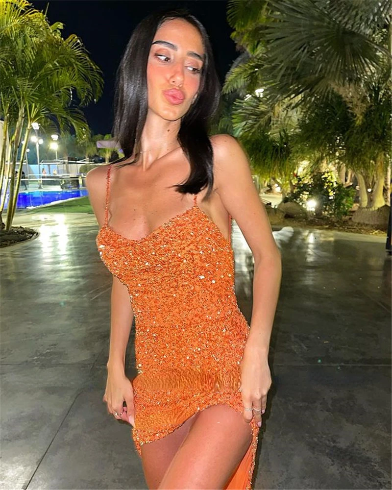 Sexy Orange Glitter Prom Dresses Short Front Long Back Sweetheart Spaghetti Straps Formal Party Cocktail Dress 2022