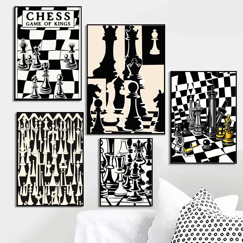 Retro Abstract Simple Black and White Checker Chess Layout Visual Canvas Painting Prints Living Room Wall Pictures Decor