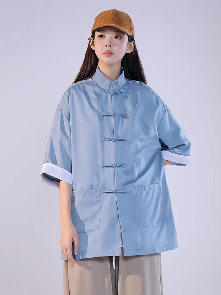 

Летний мужской топ в стиле ханьфу из ледяного шелка с вышивкой, свободный крой, на пуговицах, для пар, новая модная коллекция