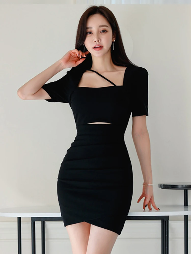 Hotsweet-Vestido negro Sexy para mujer, Mini Vestido elegante Y2K de manga corta recortado, ceñido al cuerpo, para fiesta y Club nocturno