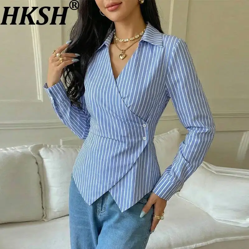 

HKSH Women Shirt Fashion Trend Striped Irregular Buttons Elegant Versatile Slim Fit Long Sleeve Blouse New Spring Autumn HK24177