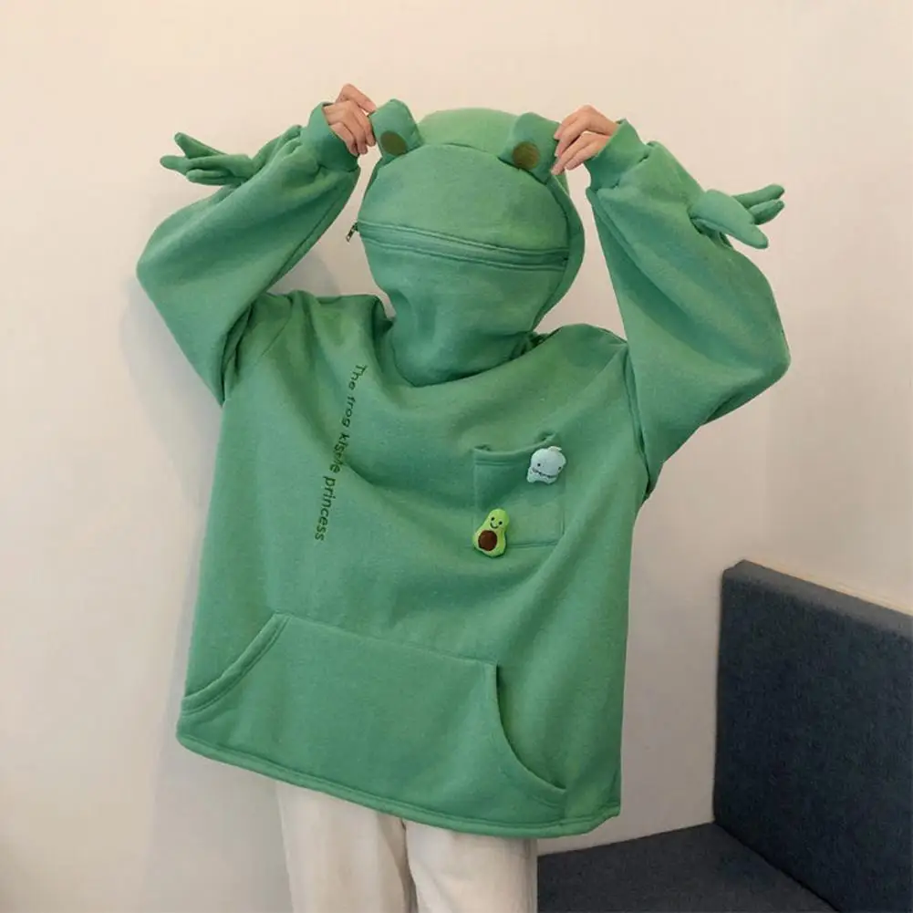 

Unisex Frog Zipper Hoodie Fleece Lined Springtime Embroidery Oversized Sweatshirt Harajuku Warm Pullover Korean Style Dropship