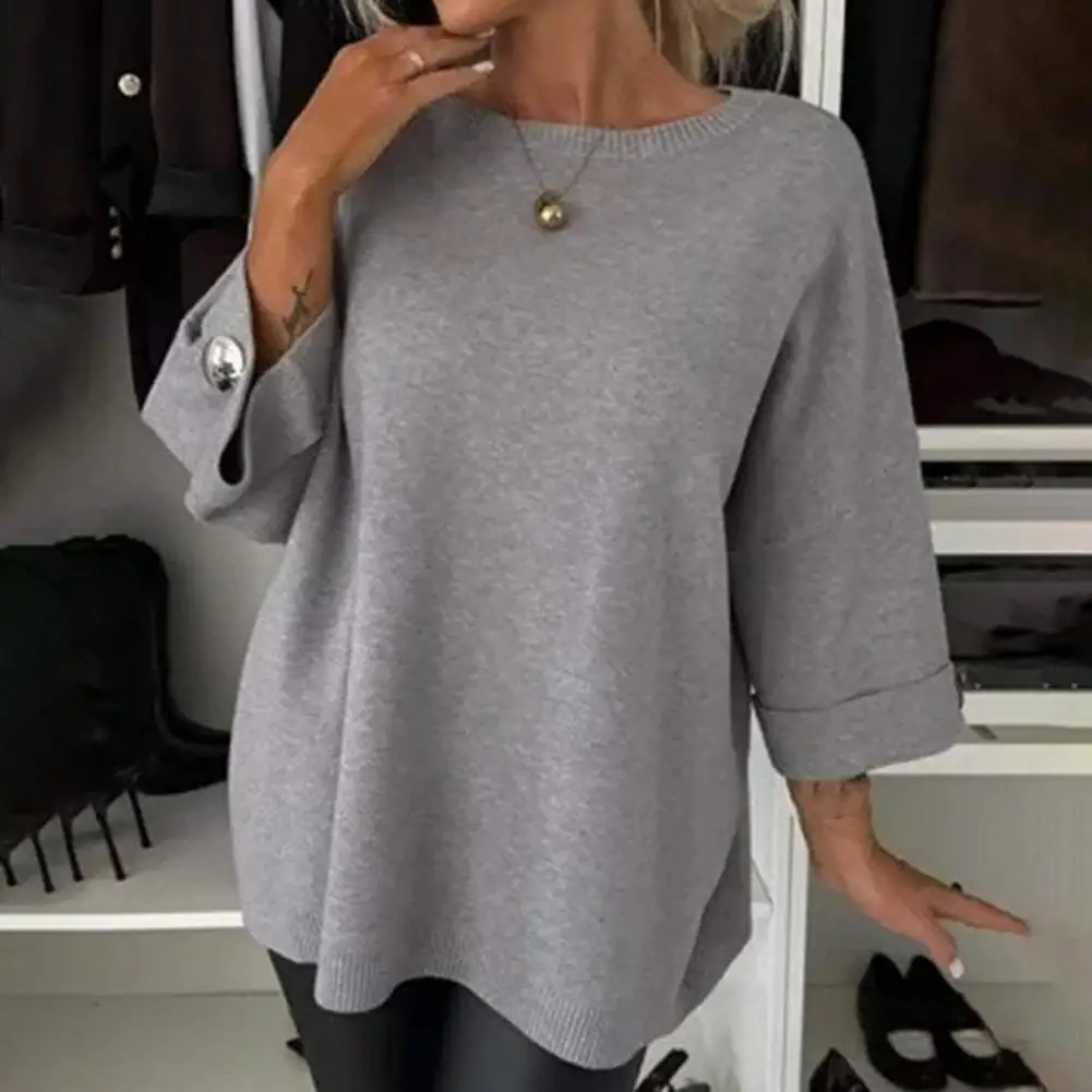 Women Round Neck Shirt Long Sleeve Casual Sweater Jacket with Bright Button Cuffs Loose Knit Top for Daily Wear