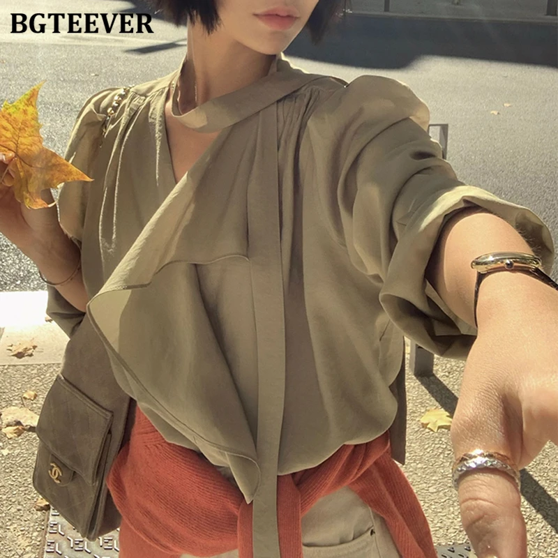 

BGTEEVER элегантные свободные женские блузки с v-образным вырезом, топы, осенние стильные женские однотонные пуловеры с длинными рукавами, рубашки