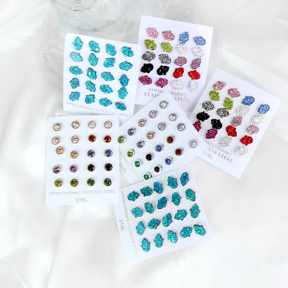 LUXUKISSKIDS 10Pairs Wholesale Earrings Sets Blue Fatma Hand Studs Accessories Mixcolor Rhinestone Round CZ Ear Piercing 2023