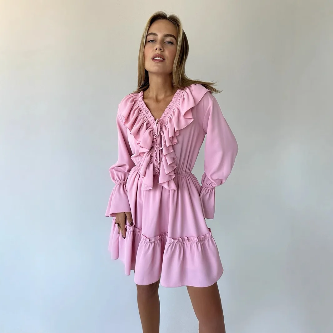 Femmes à volants col en V Mini robe taille haute décontractée à manches longues robe élégante Patchwork une ligne Verstido à lacets robes de mode