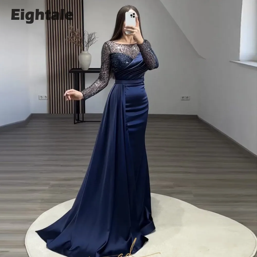 Vestidos de noite azul marinho para mulheres, mangas compridas, cetim, árabe, vestido de baile, vestido de noiva, vestido brilhante